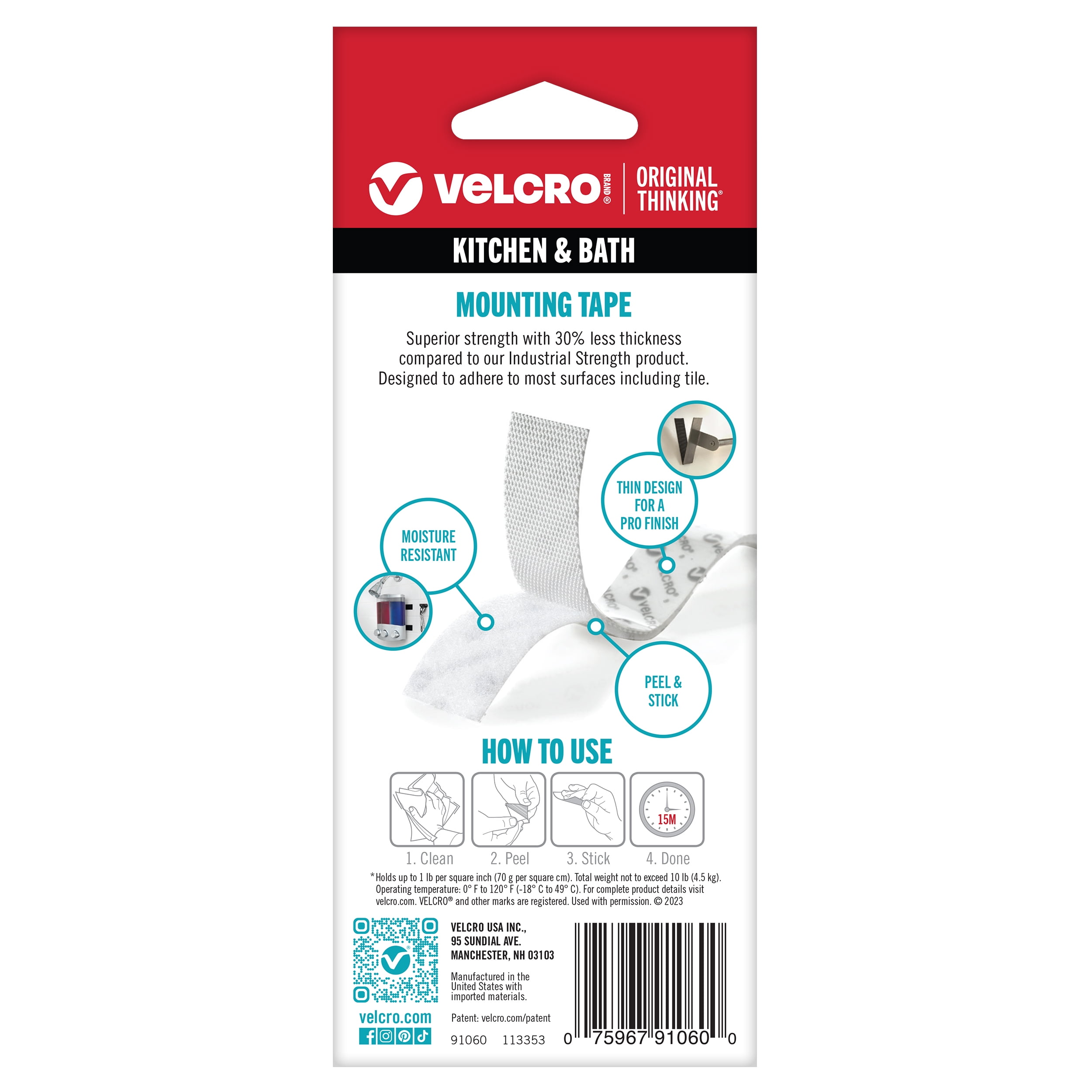VELCRO Brand Kitchen & Bath Mounting Tape, Professional Grade Heavy Duty Strength Holds up to 10 lbs on Smooth Surfaces, 3ft x 1in, Tape