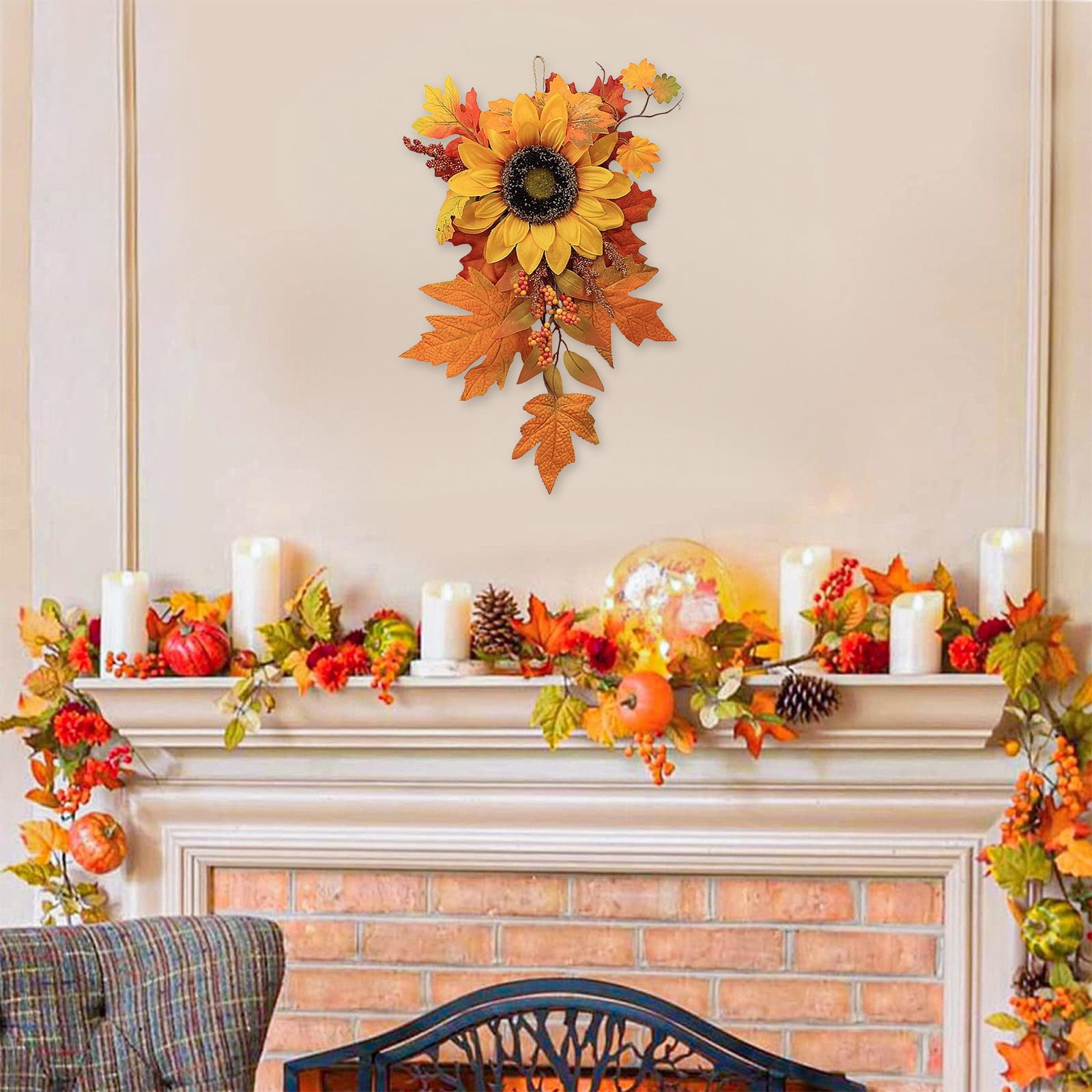 Guirlande D'automne Décorative - 2 Guirlandes Avec Feuilles, Citrouilles, Tournesols - Pour Intérieur, 1.78m - Décoration Halloween, Thanksgiving - 6