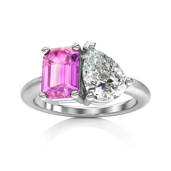 Emerald and Pear-Cut Lab-Created Kunzite and Moissanite Toi Et Moi Engagement Ring in 925 Sterling Silver – Unique Dual-Stone Design, Timeless Elegance