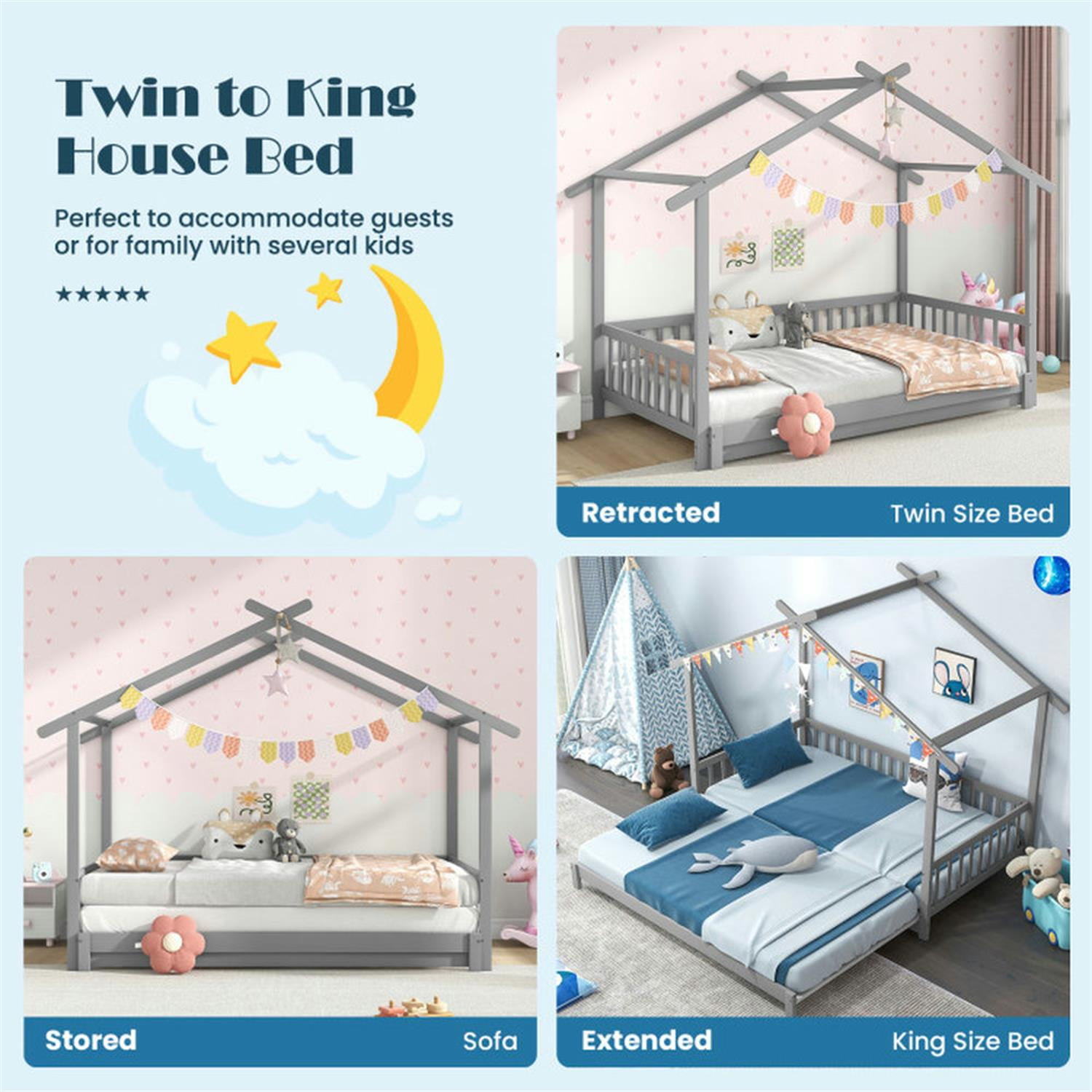 Demi Bonn Extendable House Bed Twin to King Daybed with Roof and Fence Rails, Modern Platform Bed Frames for Teens, Gray