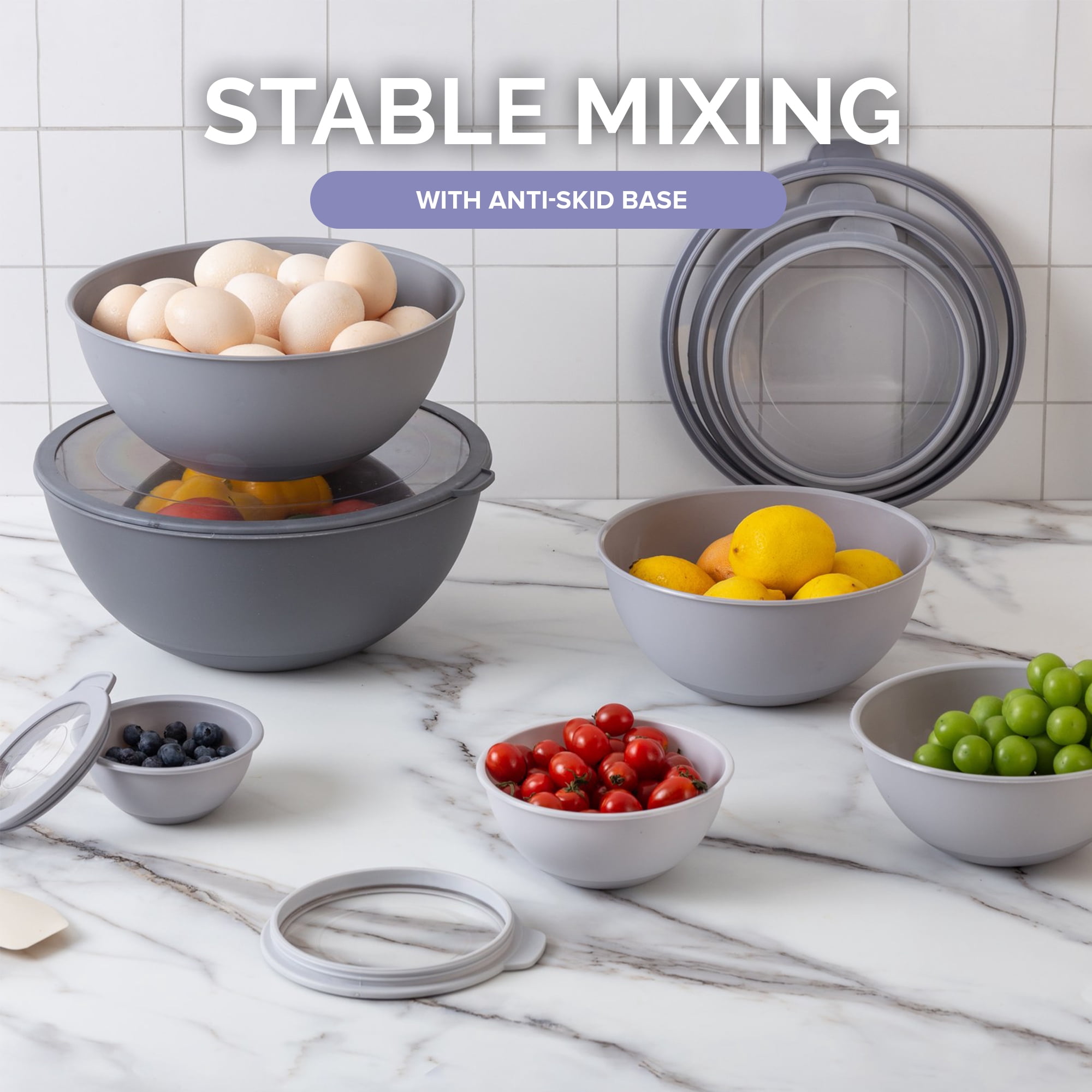 Cook with Color 12-Piece Mixing Bowl Set with Non-Slip Silicone Base and Transparent Lids, Gray