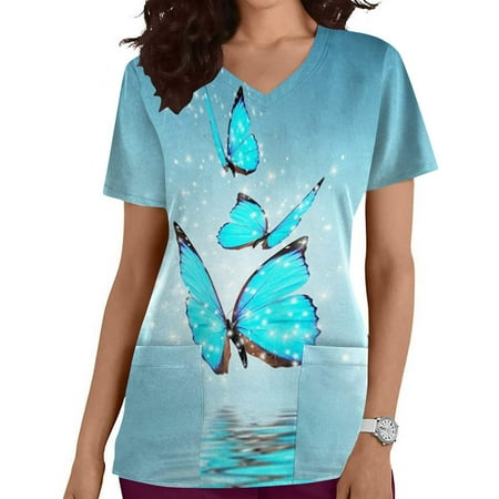 

Funicet Savings Clearance 2023! Plus Size Tops for Women Scrubs Tops Short Sleeve Working Uniform V Neck Nurse Shirts Floral Printed Blounce w/Pockets