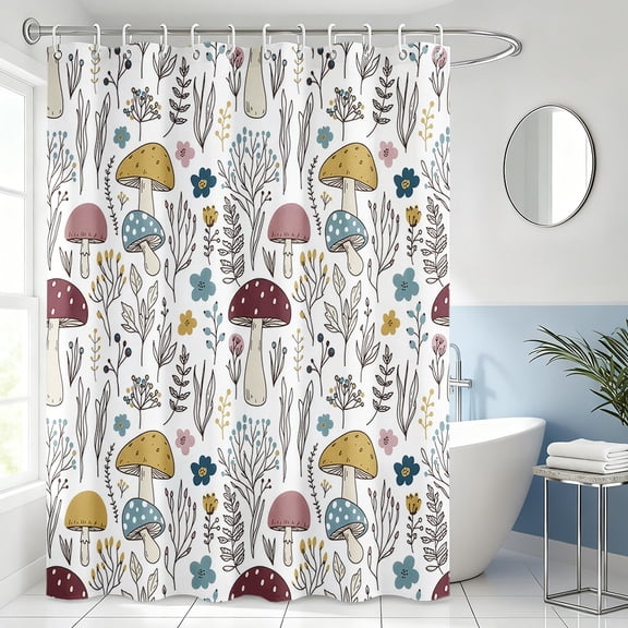 Annvchi  Mushroom Floral Shower Curtain, 72 x 72 Inch Fabric Bathroom Curtain with Woodland Botanical Pattern and 12 Hooks