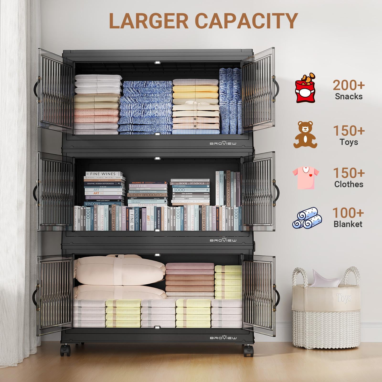 BROVIEW 120Gal Large Storage Bins with Lids, 480Qt Plastic Stackable Closet Organizer and Storage, Collapsible Storage Box with Wheels, Folding Storage Cabinet Containers for Home Office, 3Pack Black