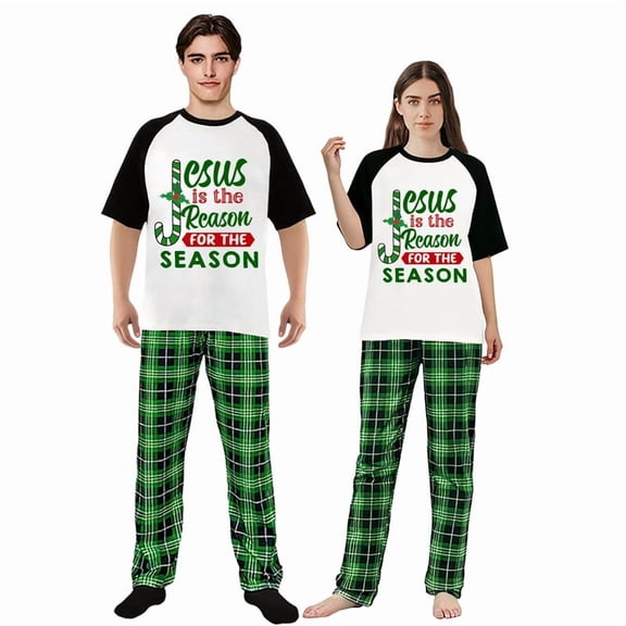 LuLiaMenton Matching Couples Christmas Pajamas The Reason Green Plaid Short Sleeve Long Pants Set