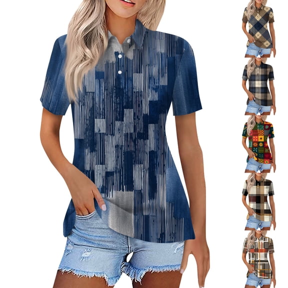 JoveMarine Women's Casual Short Sleeve Button Up Shirt with Lapel Collar Striped Plaid Print Blouse Lightweight Top for Daily Wear Spring/Summer Blue L