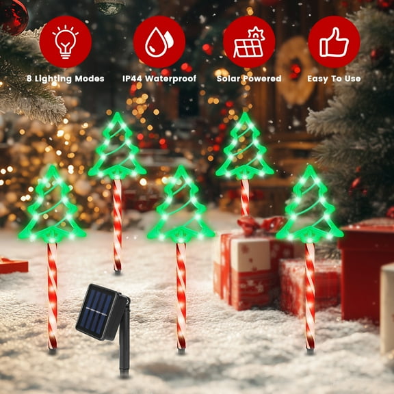 TeqHome Solar Christmas Lights Outdoor Christmas Tree Pathway Lights with 8 Modes IP44 Waterproof Outdoor Christmas Decorations for Garden Yard 5Pcs