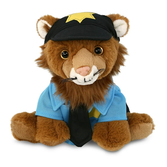 DolliBu Squat Lion Police Officer Plush Toy – Super Soft Lion Cop Stuffed Animal Dress Up Cop Uniform and Cap Outfit, Fluffy Lion Policeman Toy Plush Gift for Kids – 8 Inches