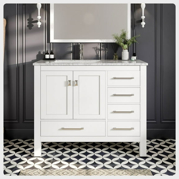 Eviva London 42" x 18" White Transitional Bathroom Vanity w/ White Carrara Top