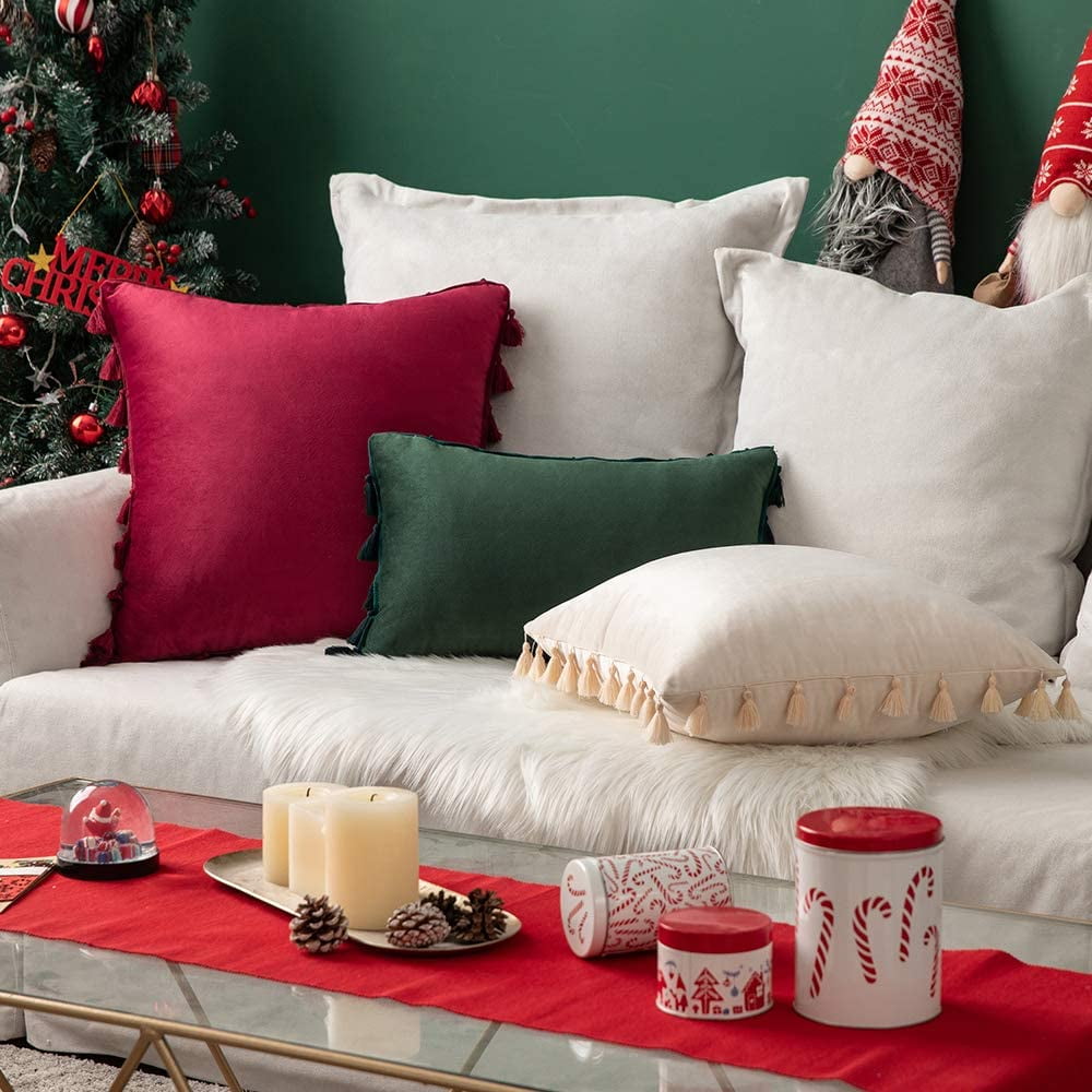 HTOOQ Pack of 2 Christmas Velvet Soft Decorative Throw Pillow Covers with Tassels Fringe Boho Accent Cushion Case for Couch Sofa Bed 24 x 24 Inch