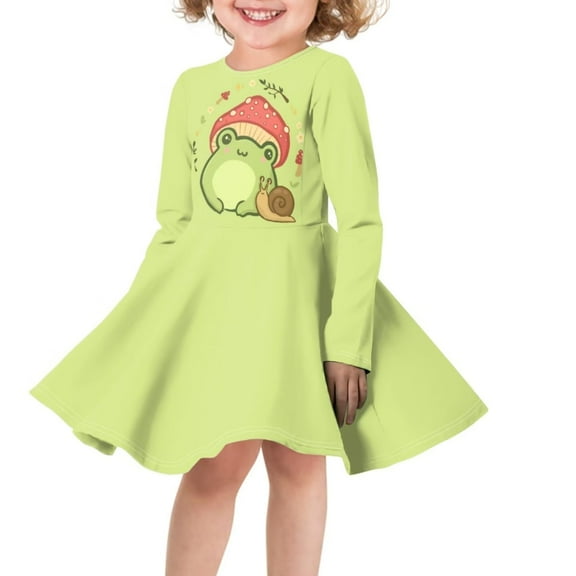 FKELYI Cartoon Mushroom Frog Long Sleeve Dress Size 7-8 Y Loose Kids Girls Swing Dress Long Sleeve Casual Midi Length Dress for School Home
