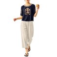 thumbnail image 5 of IUYRTFE Women's Embroidered Short Sleeve Top and Cropped Pants Set with Pockets Cotton Linen Blend Casual Two Piece Outfit, 5 of 7