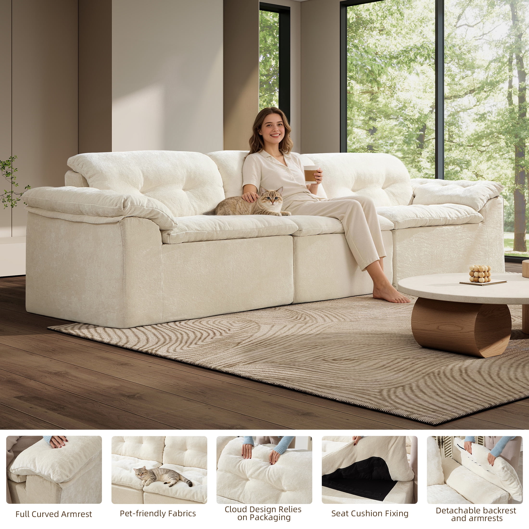 Aukfa 3-Piece Cloud Modular Sectional Sofa for Living Room, Ice Flower Chenille, White