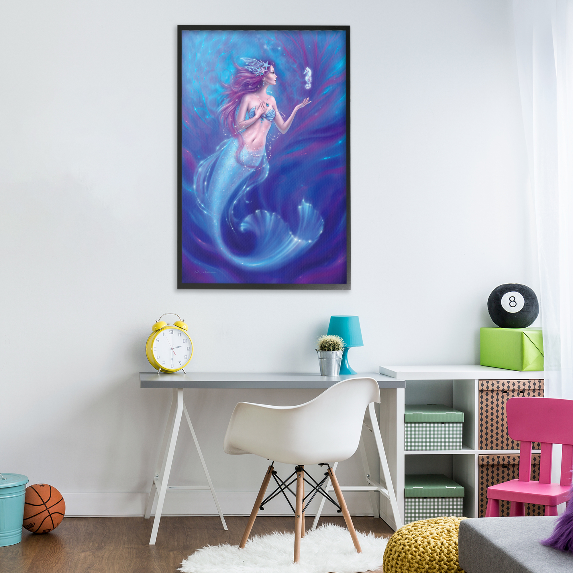 Jewel Bedecked Mermaid & Seahorse Black Framed Giclee Art, design by Rachel Anderson