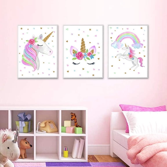 Unicorn Wall Posters Rainbow Unicorn Canvas Wall Art Prints Painting Decoration Pictures Set of 3 for Girls Kids Bedroom Nursery Wall Decor Gift 8x12 inch Unframed
