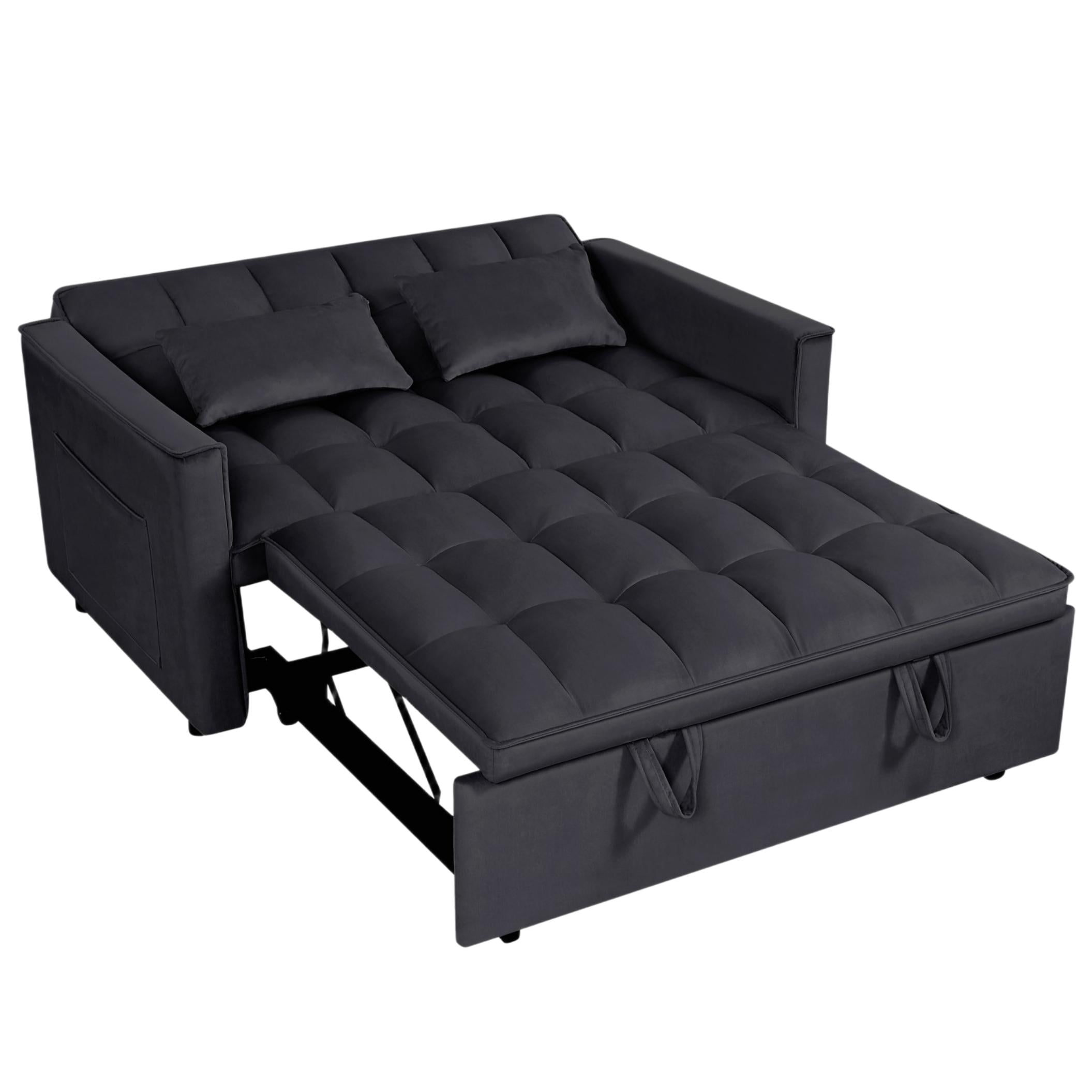 BSHTI 54" Pull-Out Sleeper Sofa Bed – Converts to Twin Size Bed with 3 Adjustable Angles, Velvet Upholstery, Solid Wood Frame, Side Pocket Storage, 2 Pillows Included,Black