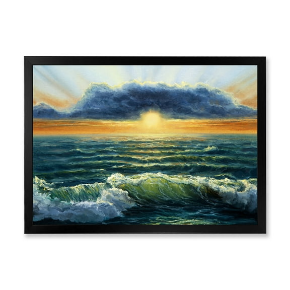 Designart 'The Blue Ocean In Sunset Evening I' Nautical & Coastal Framed Art Print