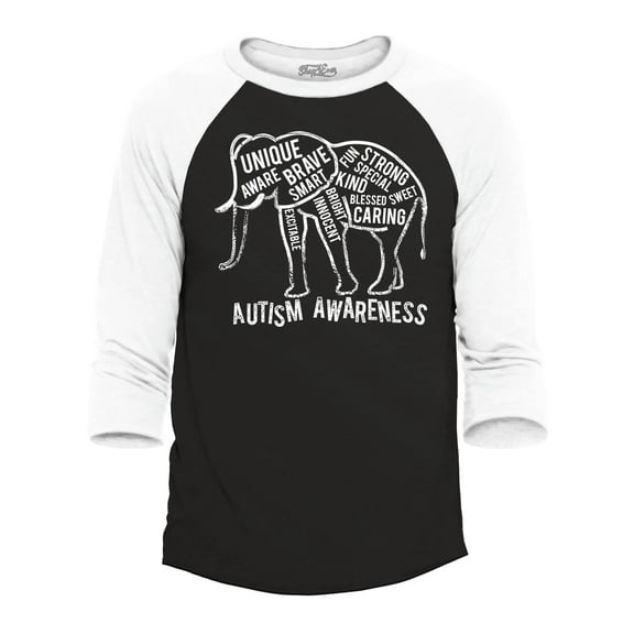 Shop4Ever Men's Autism Awareness Elephant Raglan Baseball Shirt X-Large Black/White