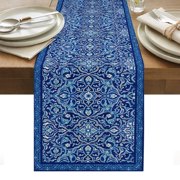 Boho Blue Table Runner Ethnic Western Abstract Tribal Floral Art Tablerunners 13 x 60 Inch, Table Decorations Tabletop Scarf for Summer Gathering Holiday Farmhouse Kitchen Dining Decor