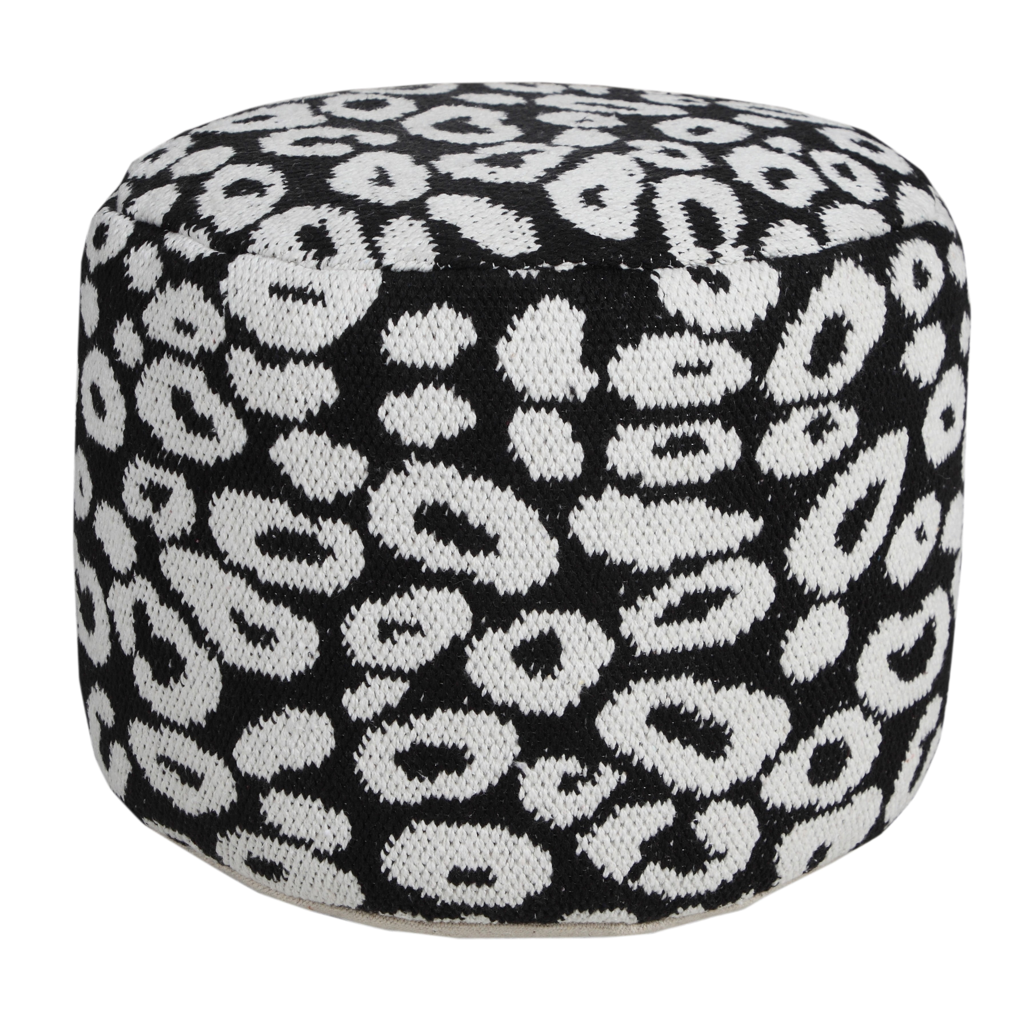 LR Home Small Abstract Indoor Round Pouf, Black/White, 18" x 18" x 14"