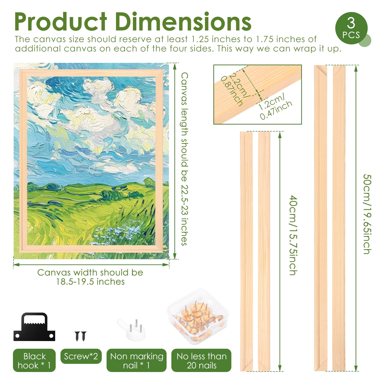 3 Pack 16 x 20 Inches DIY Canvas Stretcher Bar Canvas Frame Wood Frame Kit Easy to Assemble for Oil Painting Decorative Artwork Digital Painting