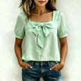 thumbnail image 6 of Women's Square Neck Bow Blouse - Puff Sleeve Casual Top with Tie Front Detail, Lightweight Summer Shirt for Date & Daily Wear Light Green L, 6 of 6