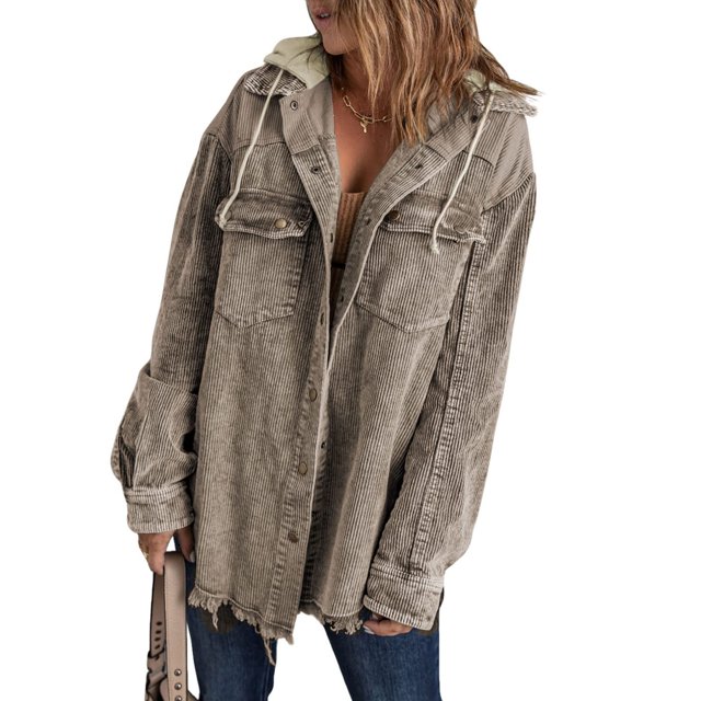 Puntoco Abrigo Con Capucha De Lavado Vintage De Manga Larga Empalmado De Pana Primavera/Invierno Para Mujer Puntoco Puntoco-1