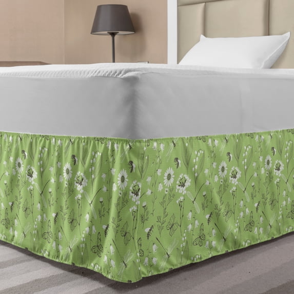 Nature Art Bed Skirt, Daisy Bees Ladybug Bluebell Buttercup Campanula Dragonfly Butterfly, Elastic Bedskirt Dust Ruffle Wrap Around for Bedding Decor, 4 Sizes, Pistachio Green White, by Ambesonne