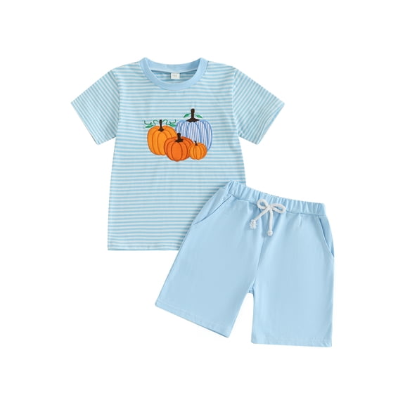 RUINIXCW Kids Toddler Baby Boy Halloween Outfit Little Baby Boy Summer Fall Clothes Pumpkin Embroidery Striped Short Sleeves T-Shirt and Shorts Set