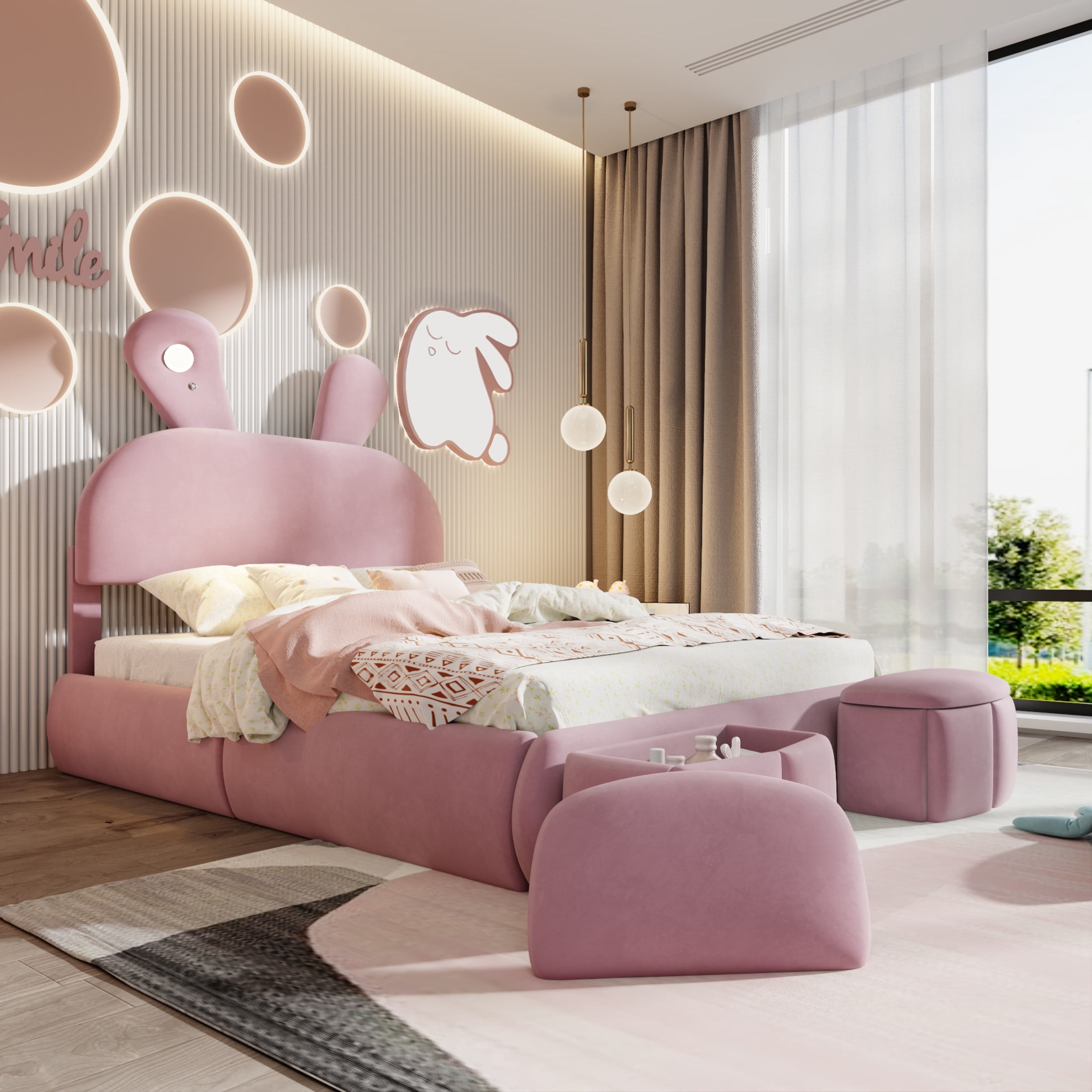 Noble House Full Size Linen Upholstered Platform Bed with Cartoon Ears Headboard and LED Light, Cute for Kids, Pink