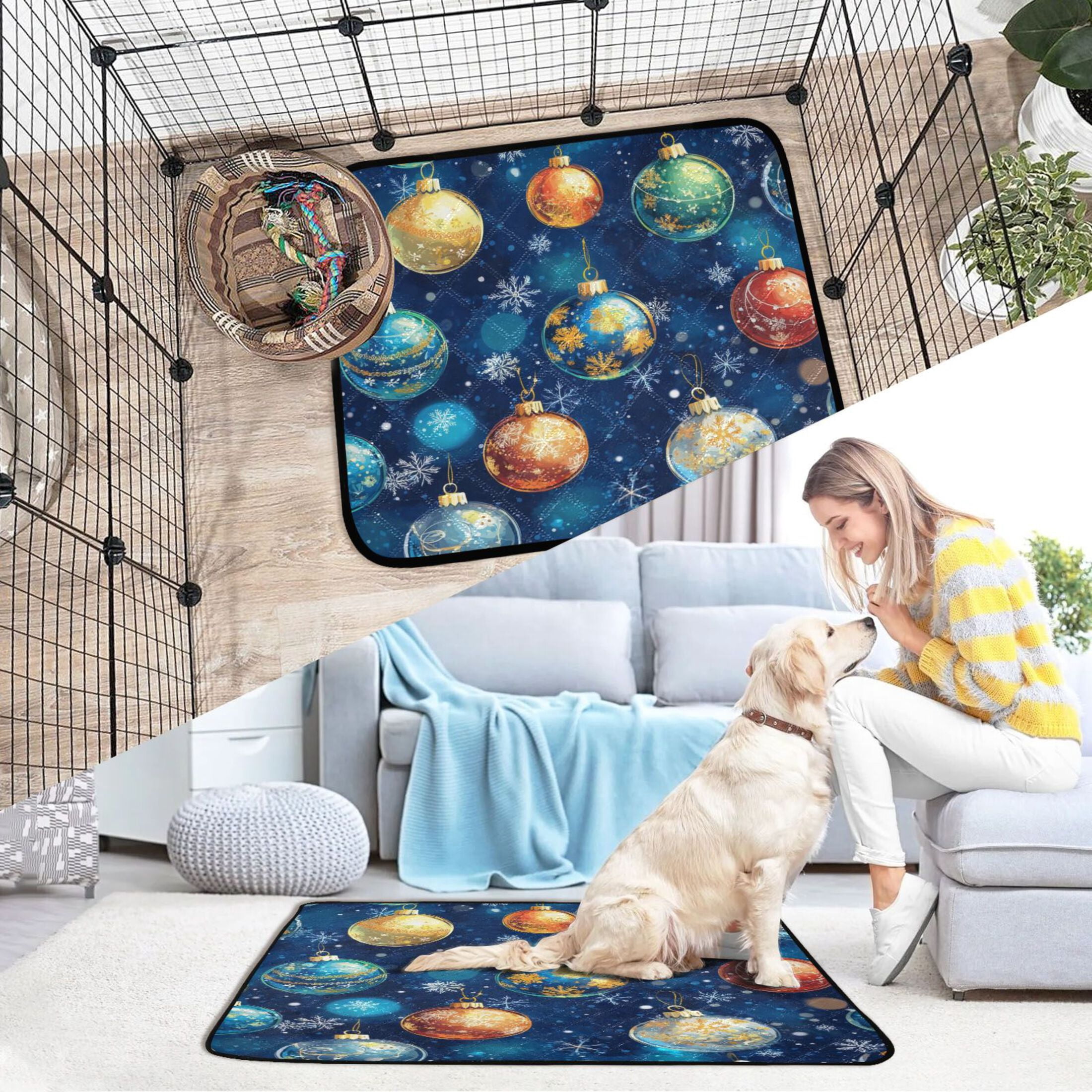 Qxltty Christmas Glass Ball Pattern on Blue Background Cat litter Pads Pet Set of 2 Diaper Mats Center Anti-leakage Layer Absorbent Soft and Comfortable