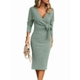 thumbnail image 3 of Women'S Long Sleeve Sweater Dress Side Split Bodycon Dresses Fall Midi Long Deep V Neck Fitted Spring Light Green XXL, 3 of 8