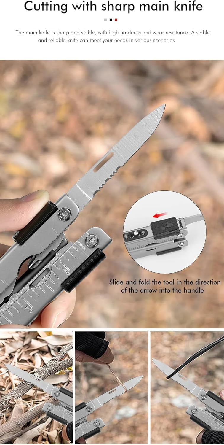 ABCISI 13 in 1 Portable Multifunction Tool, Pliers Screwdrivers Ire Stripper Folding Plier Pocket Cutter, EDC Combination Tools for Outdoor Camping Fishing (Silver)