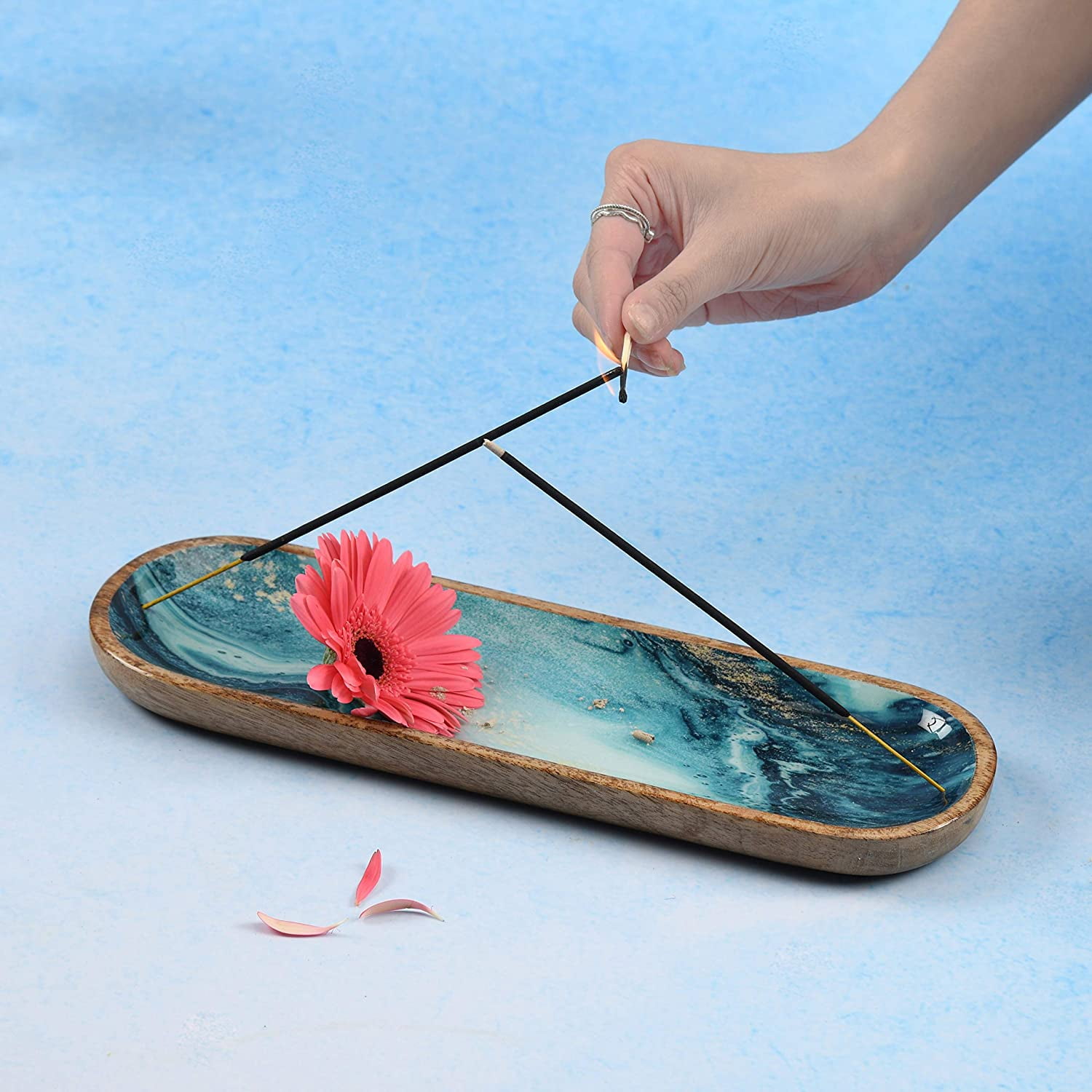 Folkulture Incense Holder or Incense Burner Holder, 12 inch, Blue, Modern Insence Ash Catcher