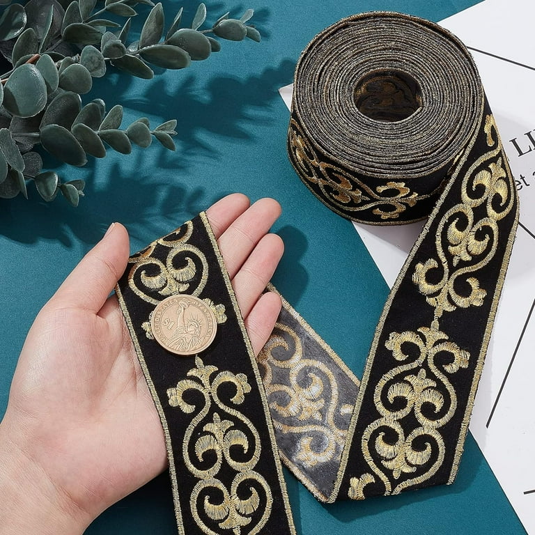 1.75 Inch Jacquard Ribbon 4 Yards Hot Adhesive Floral Trim Black