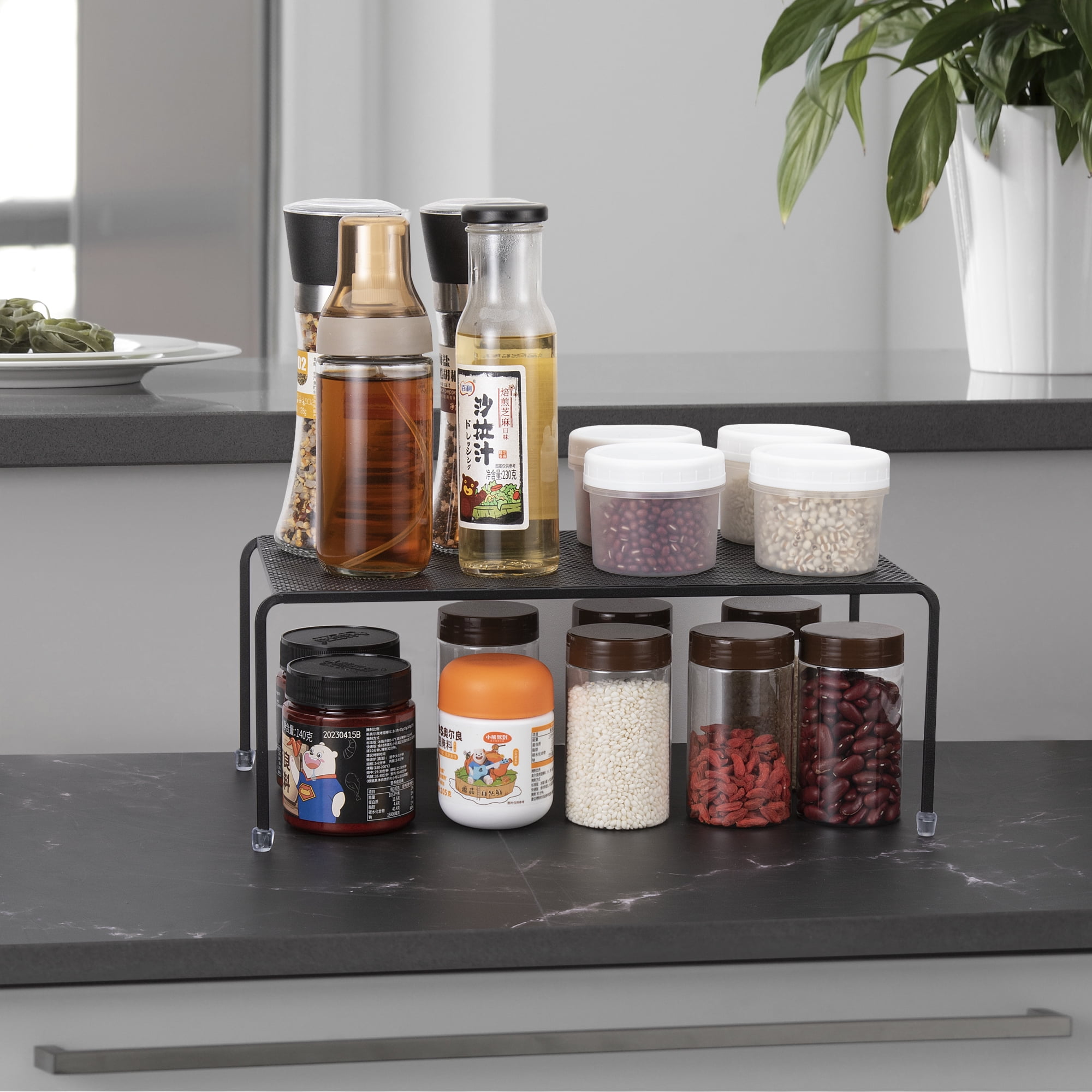 ROFAY Set of 4 Metal Kitchen Countertop Shelf Riser Organizer for Cabinets, Fridge, and Pantries - Black
