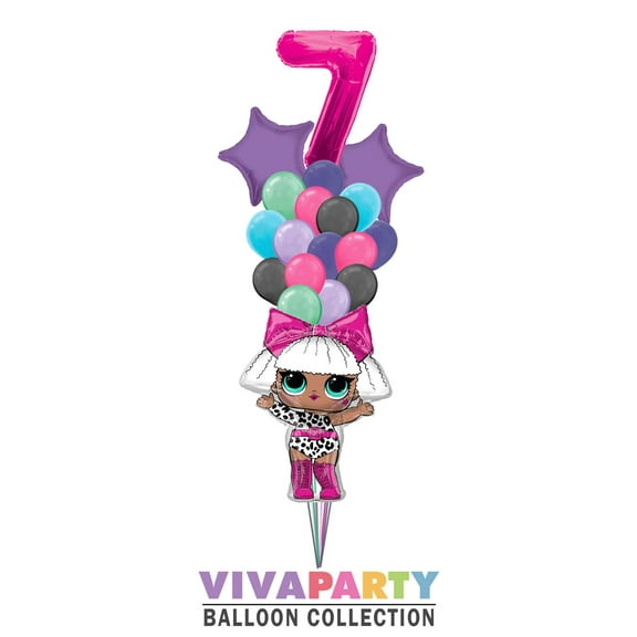 19 pc LOL Super Shape Diva with Solid Star and Latex Balloon Bouquet 19 pc, 7th Birthday, Hot Pink Number 7 Jumbo Balloon | Viva Party Balloon Collection