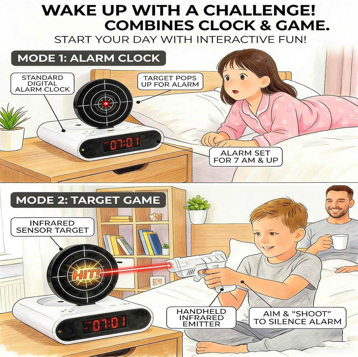 Gun Alarm Clock, Shot Timer, Shooting Timing Clocks, Display Ringtones Customization, Modern Target Creative Clocks, Shoot the Target to Shut It Off, Built for People Who Hate Mornings (White)