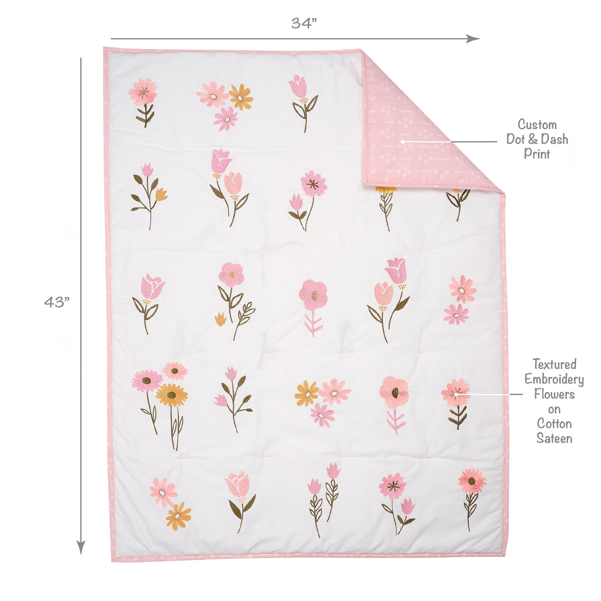 Lambs & Ivy Little Garden 3-Piece Embroidered Floral Baby Crib Bedding Set