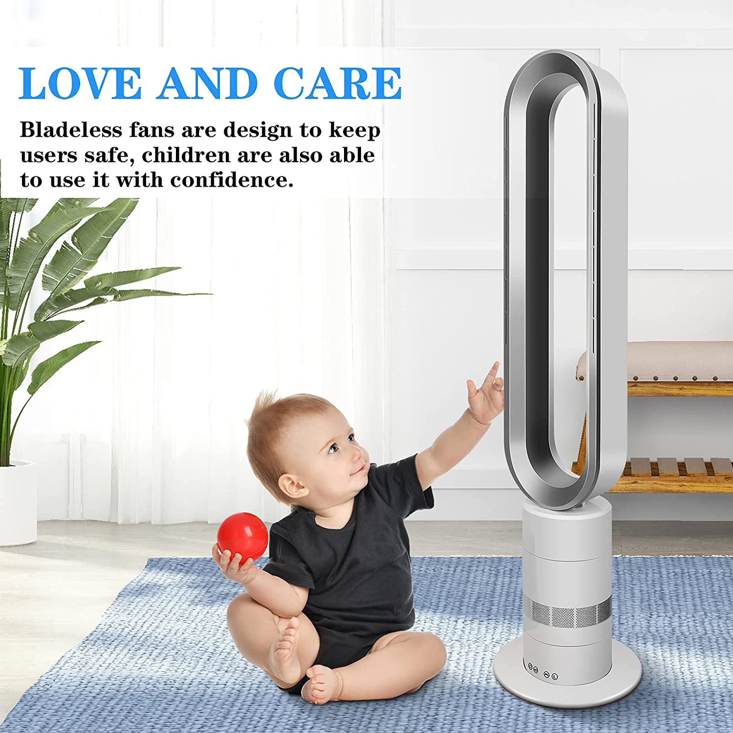 25.6 inch Super Silent Negative Ions Safety Air Cooler Leafless Fan Pink Office Floor-standing Remote Control Tower Fan for Home EZSMART Bladeless Fan Bedroom 