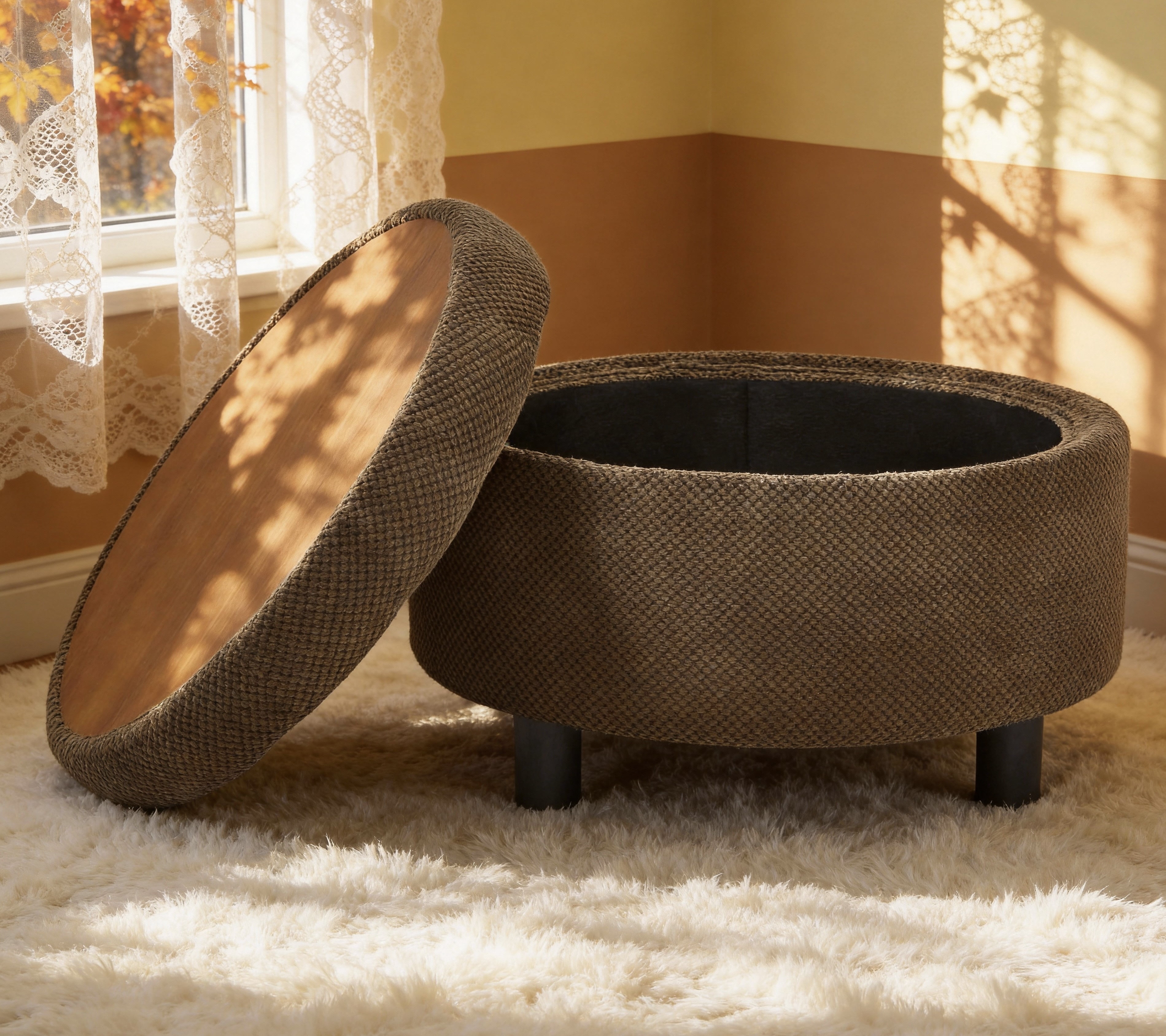 Leumius Storage Ottoman Bench,Round Coffee Table Ottoman,Wooden Top Side Table with Hidden Storage for Living Room,Bedroom,Coffee