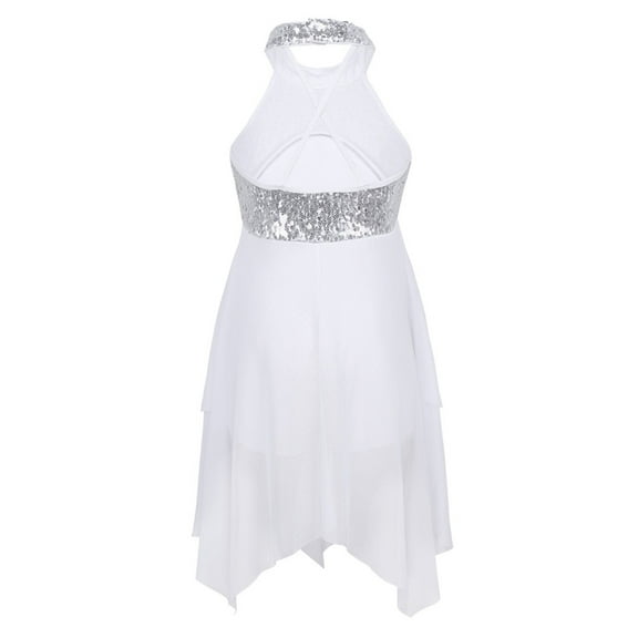 vastwit Girls Halter Sequins Ballet Dance Dress Sleeveless Irregular Tulle Lyrical Dress Ballerina Dancewear Ivory 14