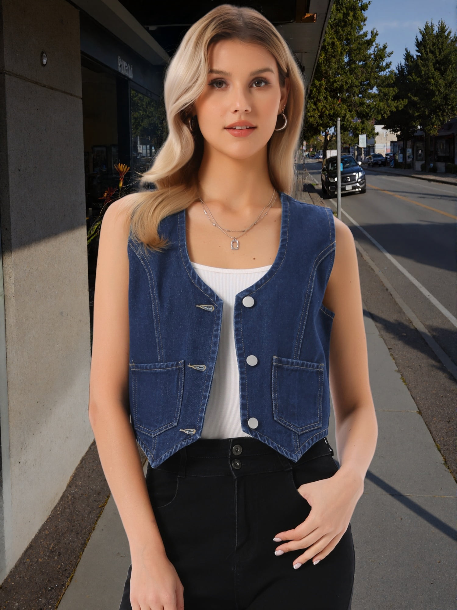 DARING DIVA Women's Denim Vest Sleeveless Button Down Cropped Waistcoat S Dark Blue
