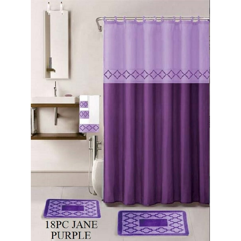 18 Piece Bath Rug Set Purple Geometric Desin print bathroom rugs shower