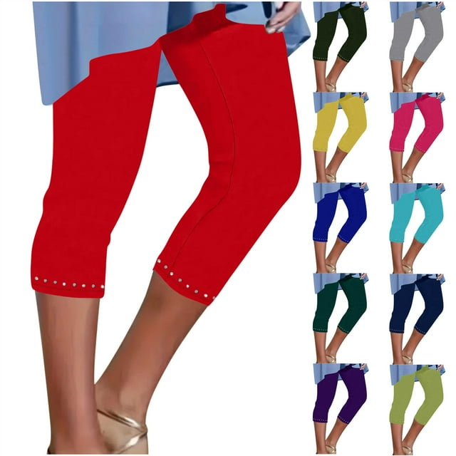 Soldes de Rentrée! QATAINLAV Leggings Capri pour Femmes Été Strass Chic Raccourcis Taille Haute Pantalons de Yoga Entraînement Compression Leggings Pantalons Blanc G