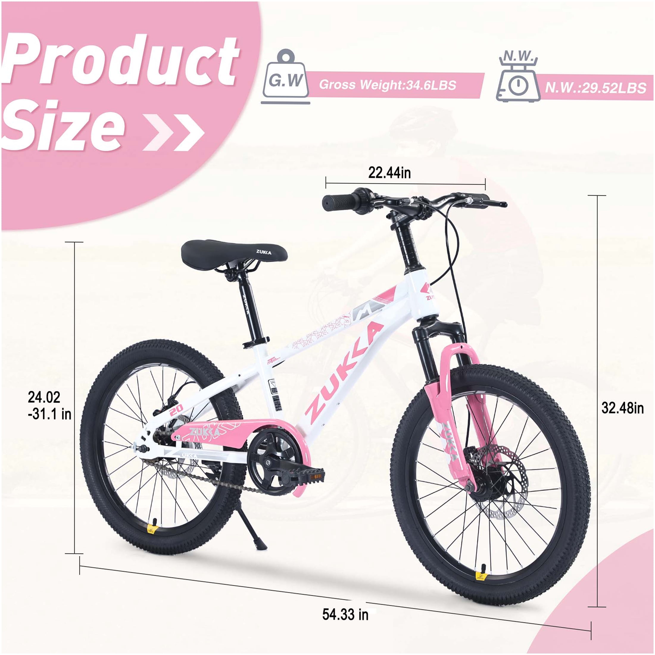 JERFIT 20 Inch Kids Mountain Bike for Boys Girls Age 7-10, Steel Frame with Front Suspension Fork, White and Pink MTB