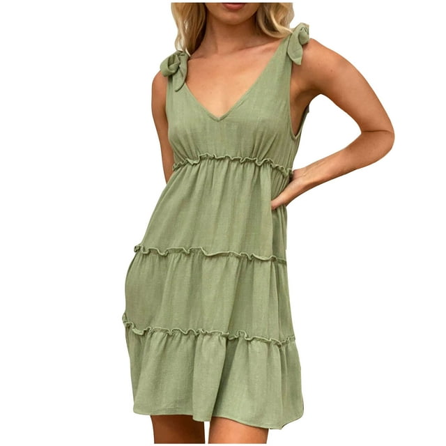 Erwazi Robe Courte d'Été Décontractée pour Femme à Col en V Sans Manches, Mini, à Bretelles à Nouer, à Volants Superposés, Évasée en A, Courte, Robes de Soleil