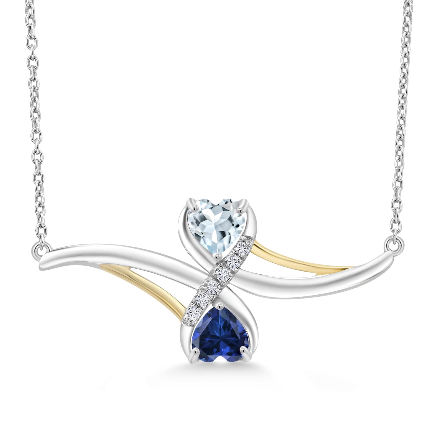 Gem Stone King 0.98 Ct Sky Blue Aquamarine Blue Created Sapphire 925 Silver and 10K Yellow Gold Lab Grown Diamond Pendant