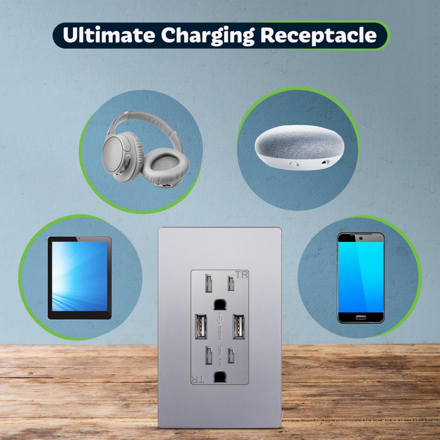 TOPGREENER USB Wall Outlet, High Speed Charger, Tamper-Resistant Receptacles, Compatible with iPhone, Samsung Galaxy, LG, HTC, UL Listed, Silver