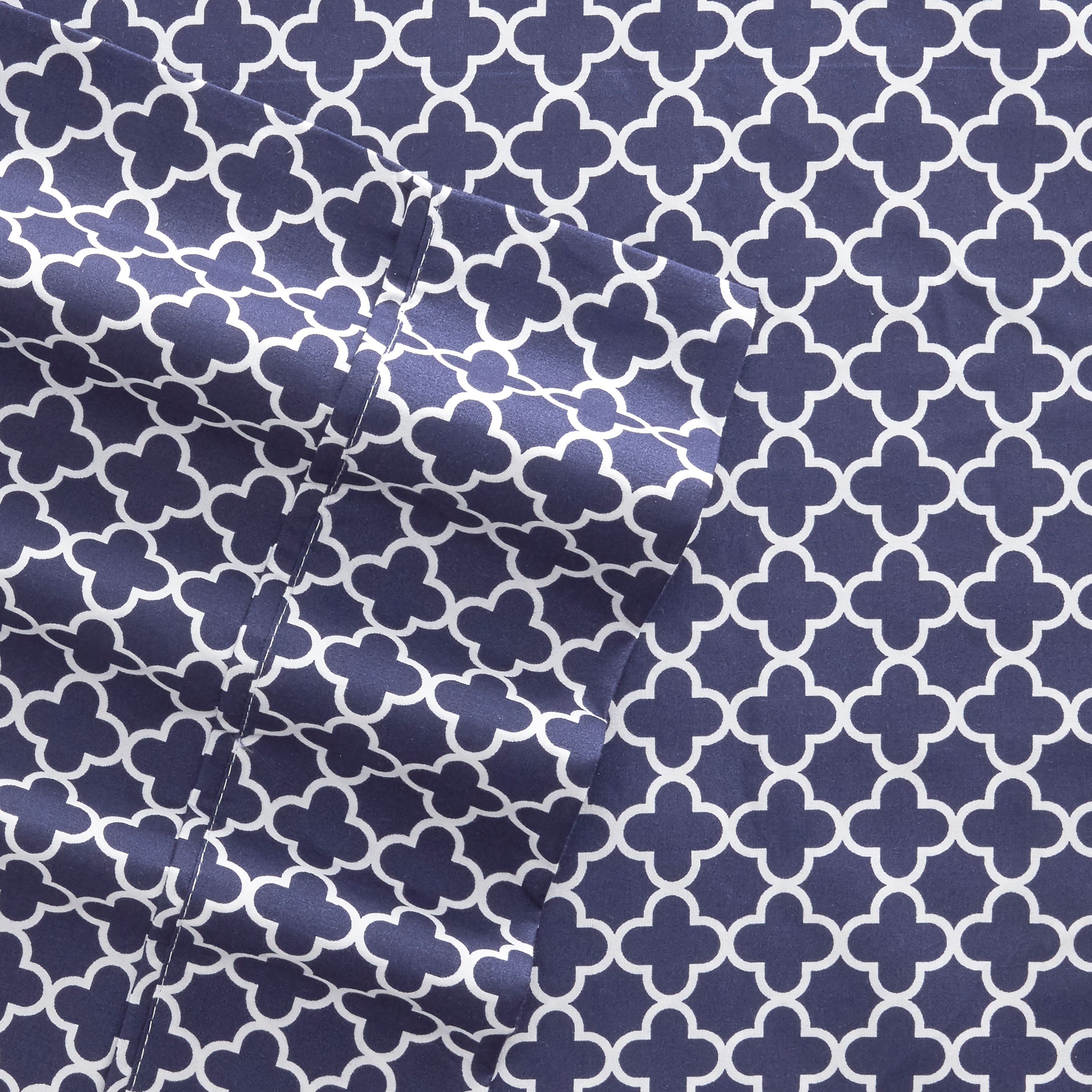 Noble Linens 4 Piece Pattern Microfiber Bed Sheets Set, Navy Quadrafoil, King